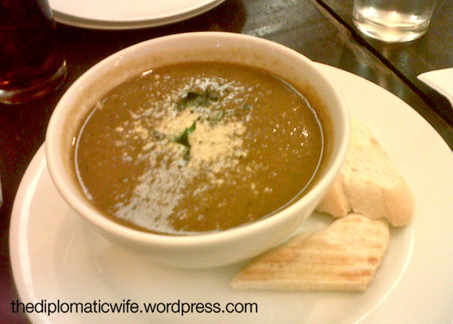 The Roasted Vegetable Soup is pureed grilled eggplant, tomatoes, 